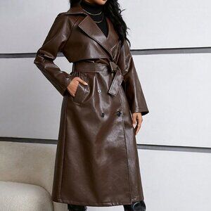 Coffee Brown Elegant Women's Regular Fit Pu Leather Jacket With Contrast Lapel